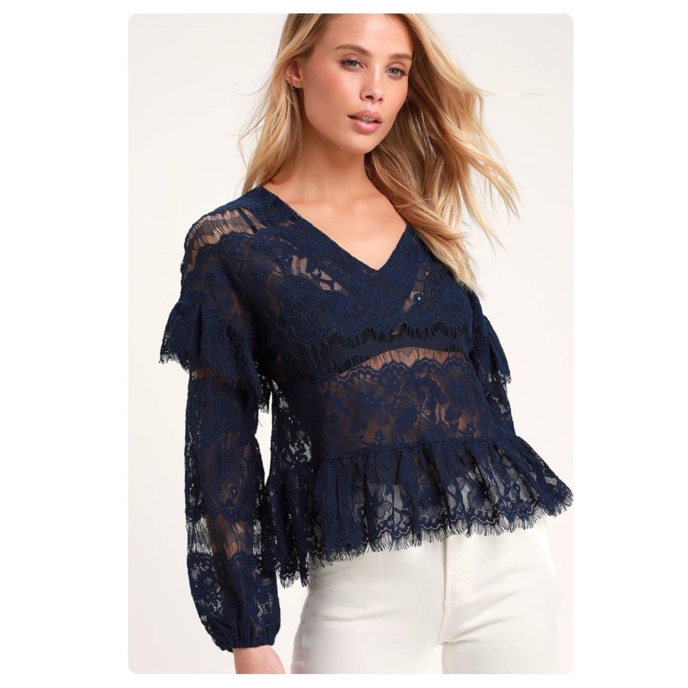 Lulus Racing Hearts Navy Sheer Lace Top